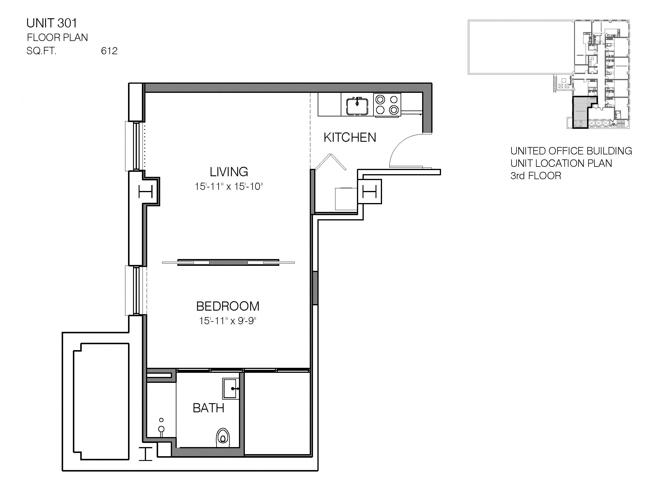 Floor plan for 1 bed, 1 bath, 612 sqft